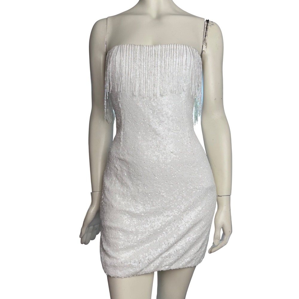 Lena Sequin Mini Dress Fringe Strapless Iridescent White Party Glam Y2K Style M